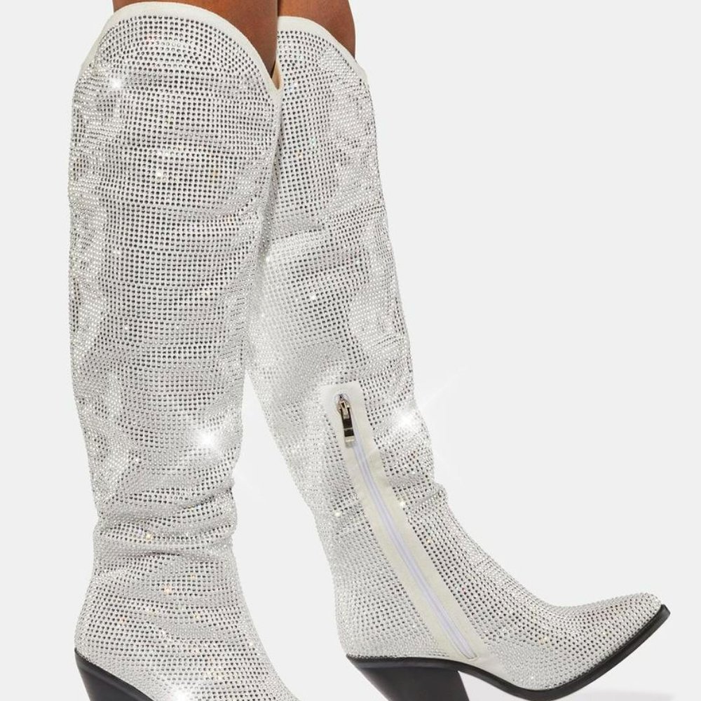 Azalea Wang Rhinestone Silver ABBA Cowboy-Style Western Boots, size 9